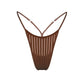 Brown opaque on sheer striped microfiber thong with skinny side elastic with stretch