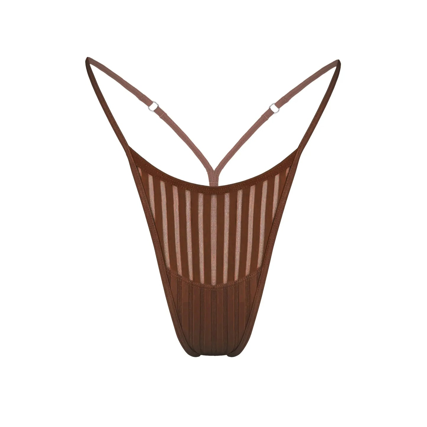 Brown opaque on sheer striped microfiber thong with skinny side elastic with stretch