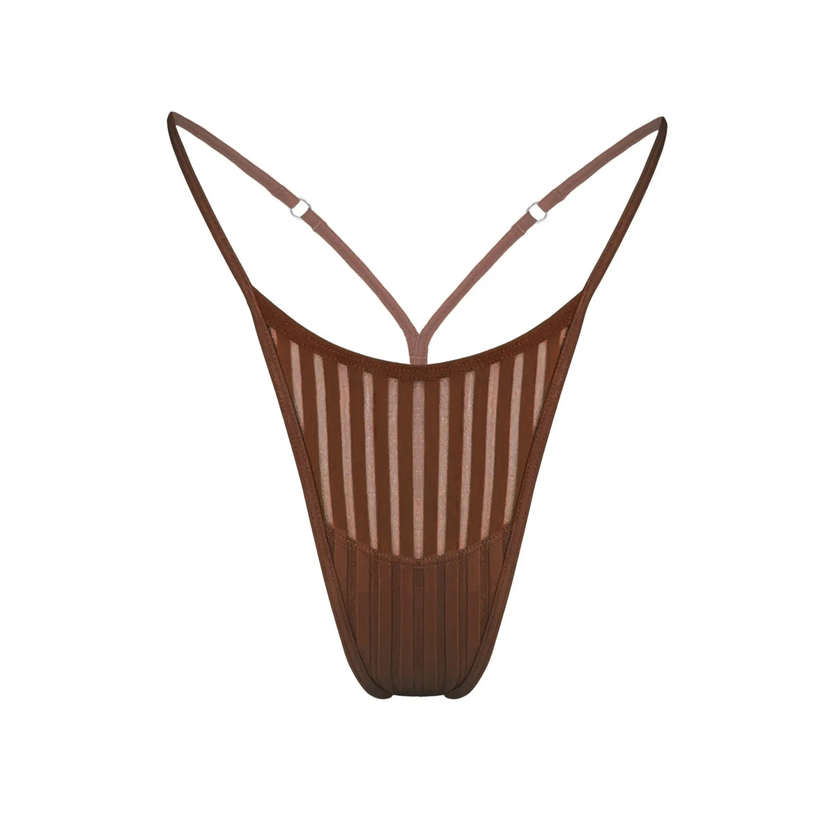 Brown opaque on sheer striped microfiber thong with skinny side elastic with stretch