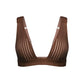 Brown opaque on sheer striped microfiber plunge bralette, pull-on style with wide underbust elastic band