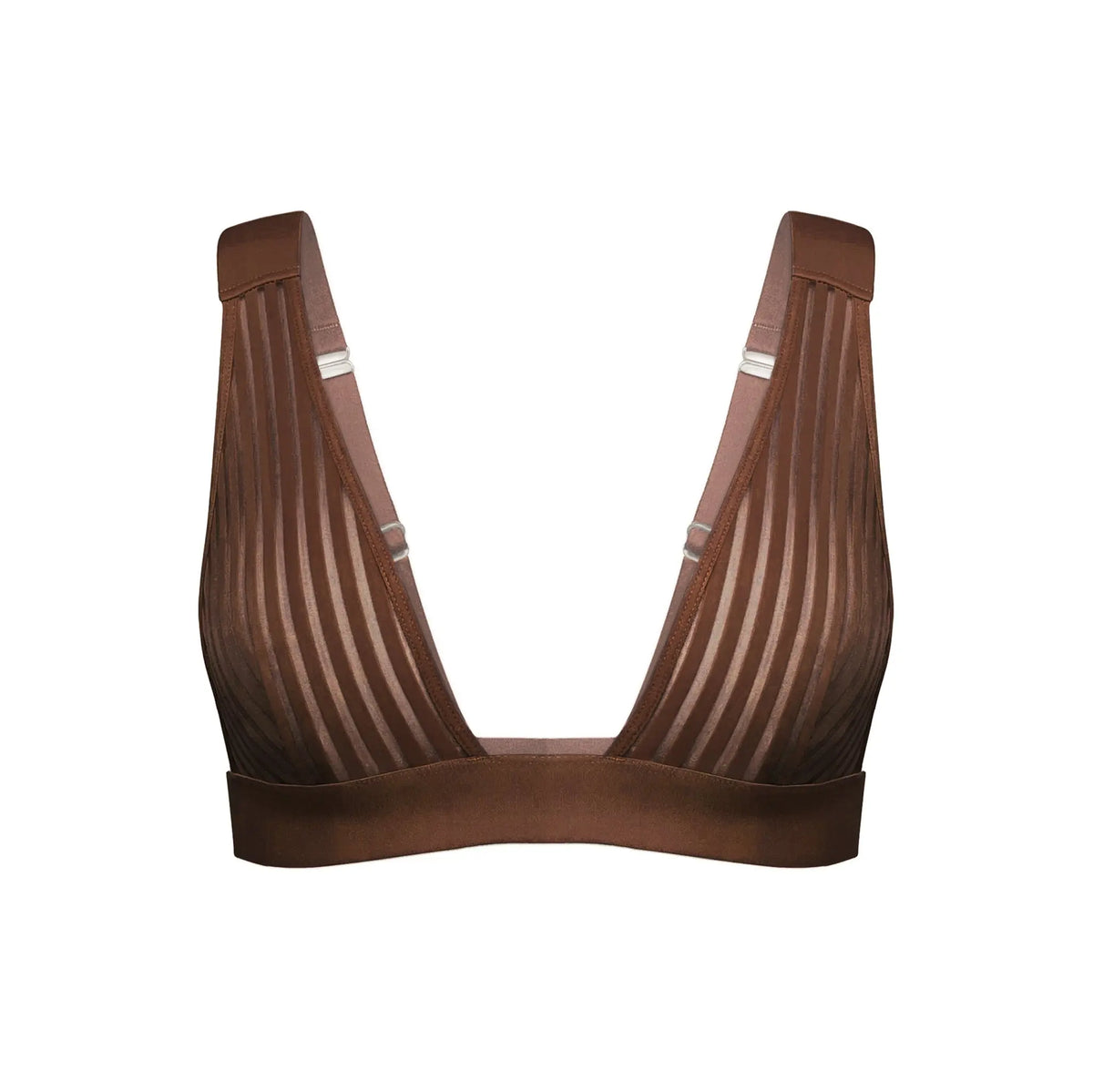 Brown opaque on sheer striped microfiber plunge bralette, pull-on style with wide underbust elastic band