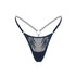 Black rigid tulle thong with liquid shine effect embroidery with adjustable waist strap