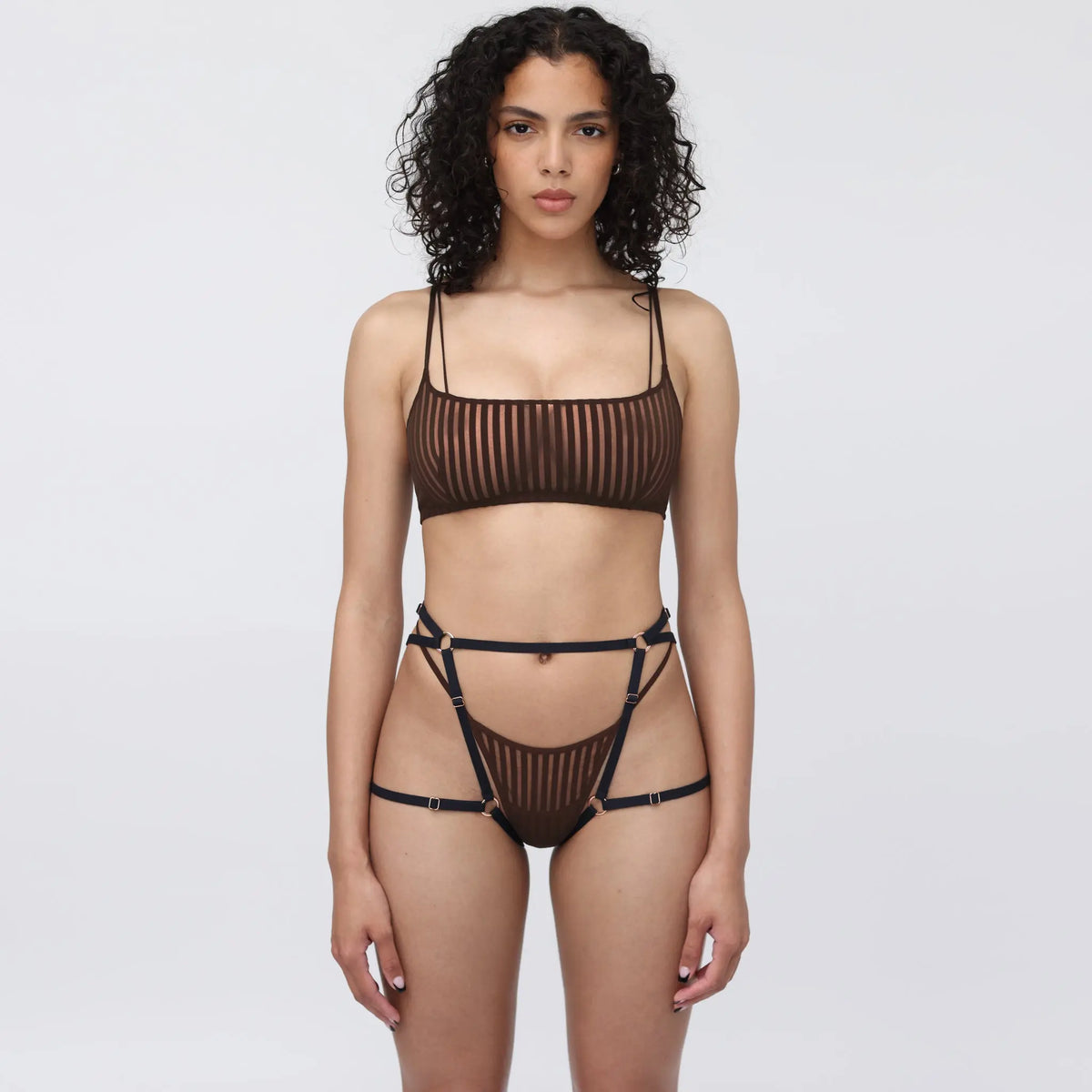 Brown opaque on sheer striped microfiber thong with skinny side elastic with stretch