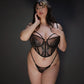Black rigid tulle underwire bustier with liquid shine effect embroidery, adjustable straps