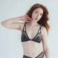Black rigid tulle bralette with liquid shine effect embroidery with adjustable straps and front closure