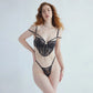 Black rigid tulle underwire bustier with liquid shine effect embroidery, adjustable straps with matching thong  with adjustable waist strap