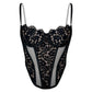Black lace corset with flexible underwire, high support, adjustable straps and adjustable back clasp closure