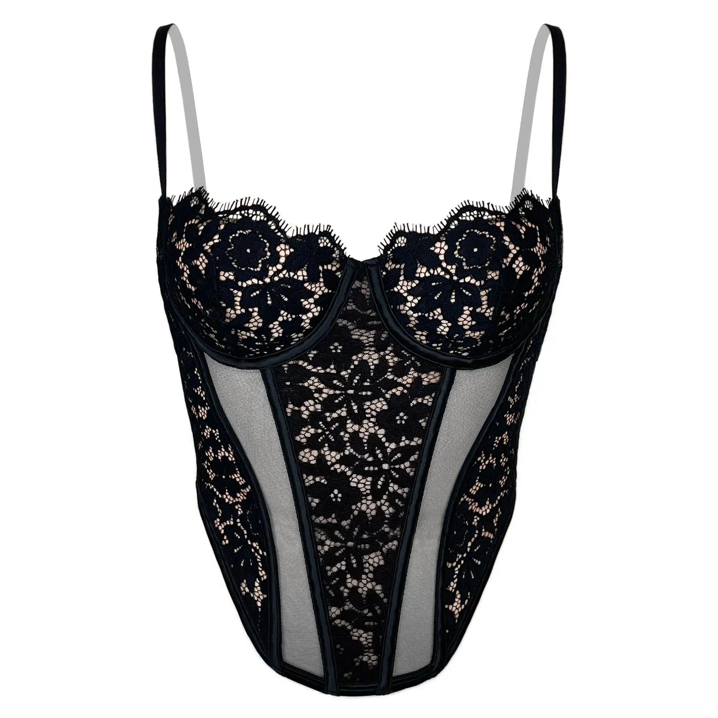 Black lace corset with flexible underwire, high support, adjustable straps and adjustable back clasp closure