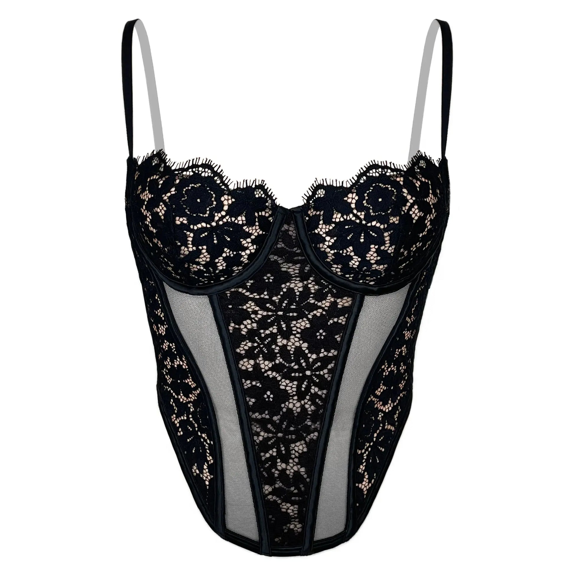 Black lace corset with flexible underwire, high support, adjustable straps and adjustable back clasp closure