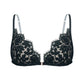 Black lace triangle bralette with front closure and adjustable straps and back band |n