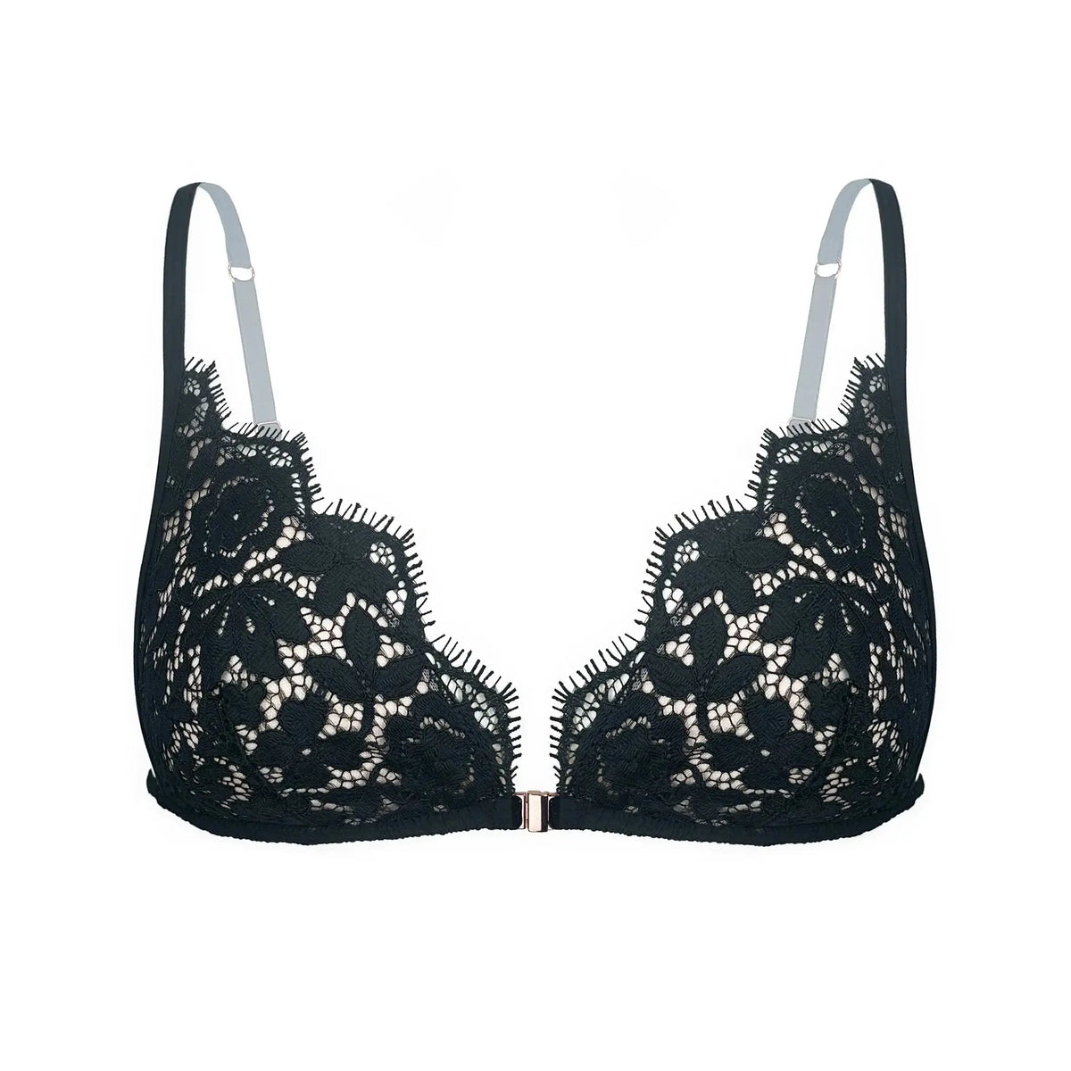 Black lace triangle bralette with front closure and adjustable straps and back band |n