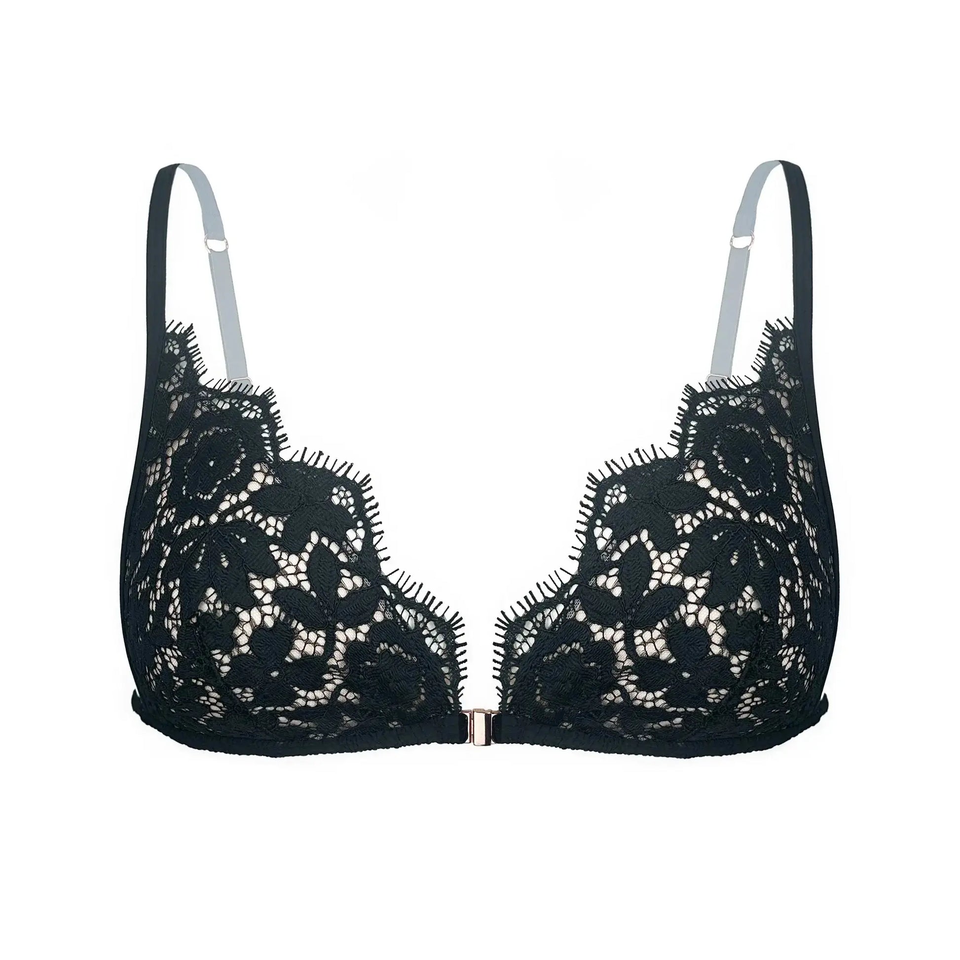 Black lace triangle bralette with front closure and adjustable straps and back band |n