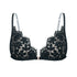 Black lace triangle bralette with front closure and adjustable straps and back band |n