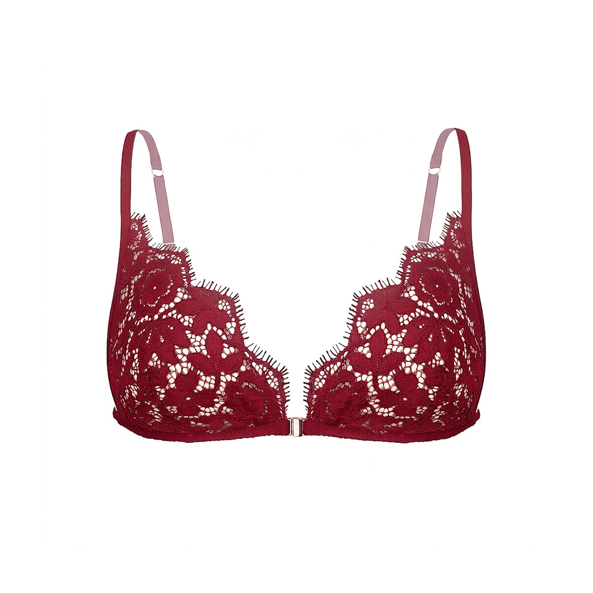 Deep red lace bralette with front closure and adjustability in all straps
