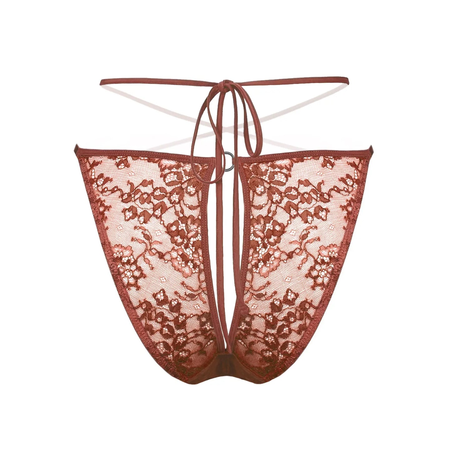 Brown stretch lace bikini with cutout design in back and adjustable side strap