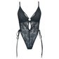 Black lace bodysuit with adjustable side ties and lightly lined cups