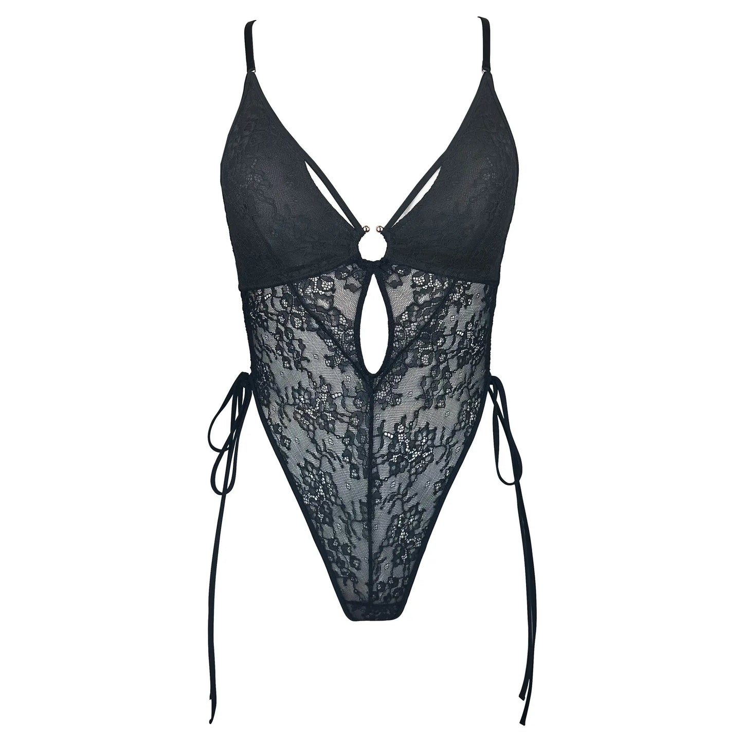 Black lace bodysuit with adjustable side ties and lightly lined cups