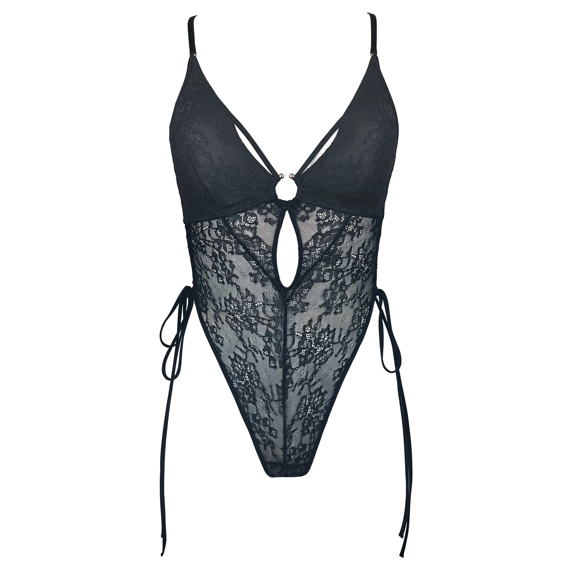 Black lace bodysuit with adjustable side ties and lightly lined cups