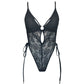 Black lace bodysuit with adjustable side ties and lightly lined cups