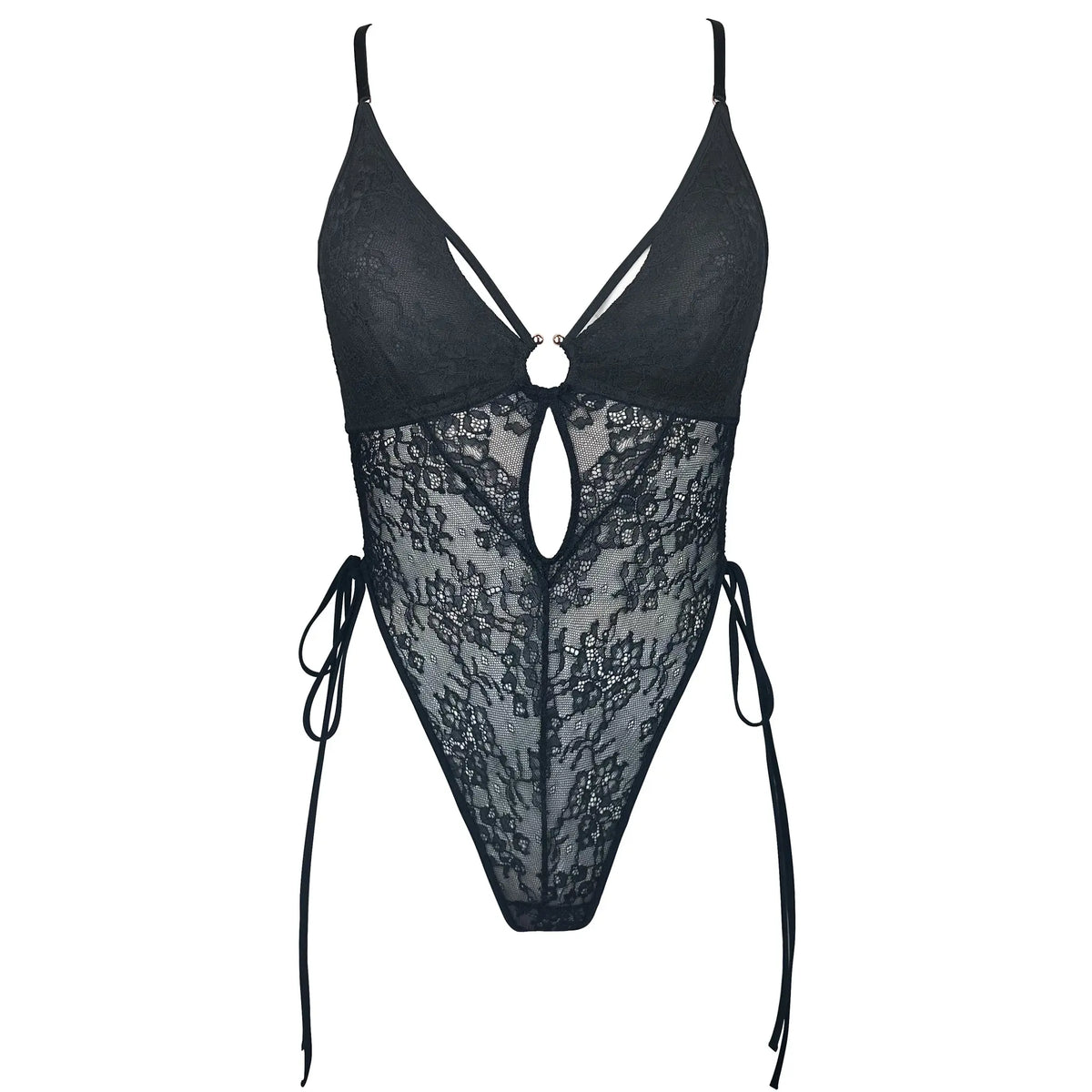 Black lace bodysuit with adjustable side ties and lightly lined cups