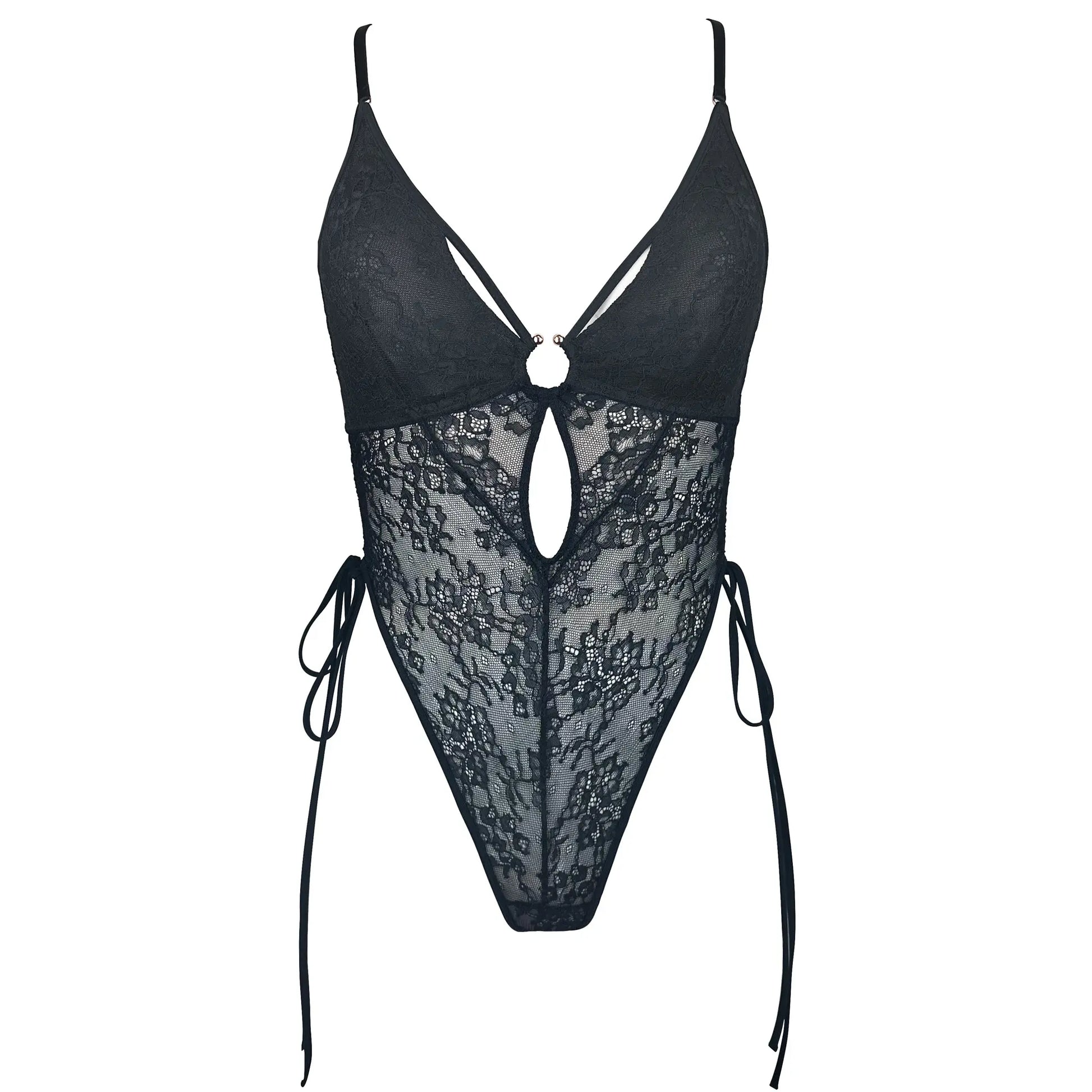 Black lace bodysuit with adjustable side ties and lightly lined cups