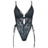 Black lace bodysuit with adjustable side ties and lightly lined cups