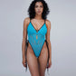 Blue lace bodysuit with adjustable side ties and lightly lined cups