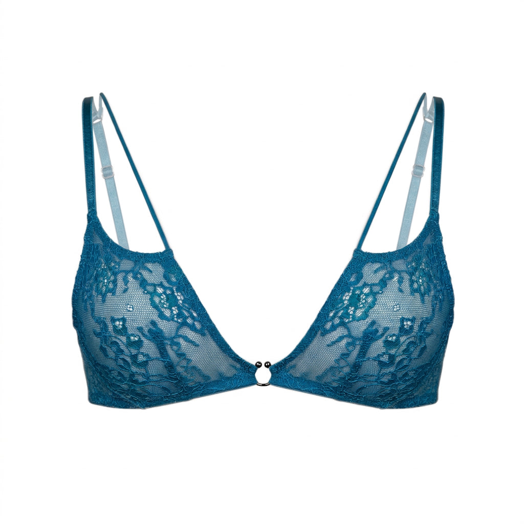 Deep teal blue lace bralette with mini strap details and gunmetal rings