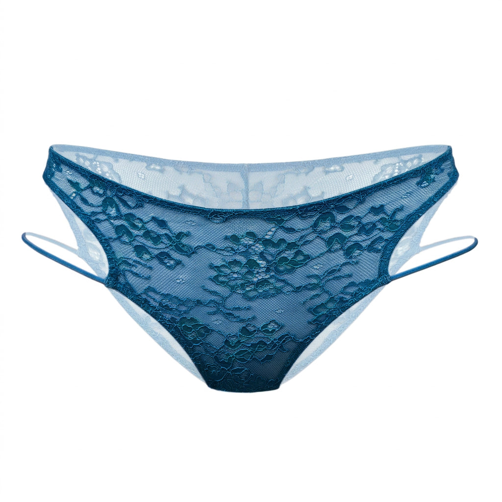 Teal lace bikini panty with mini strap details on the sides