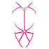 Pink, soft-touch elastic full torso, fully adjustable body harness with triangular chain accent at neck