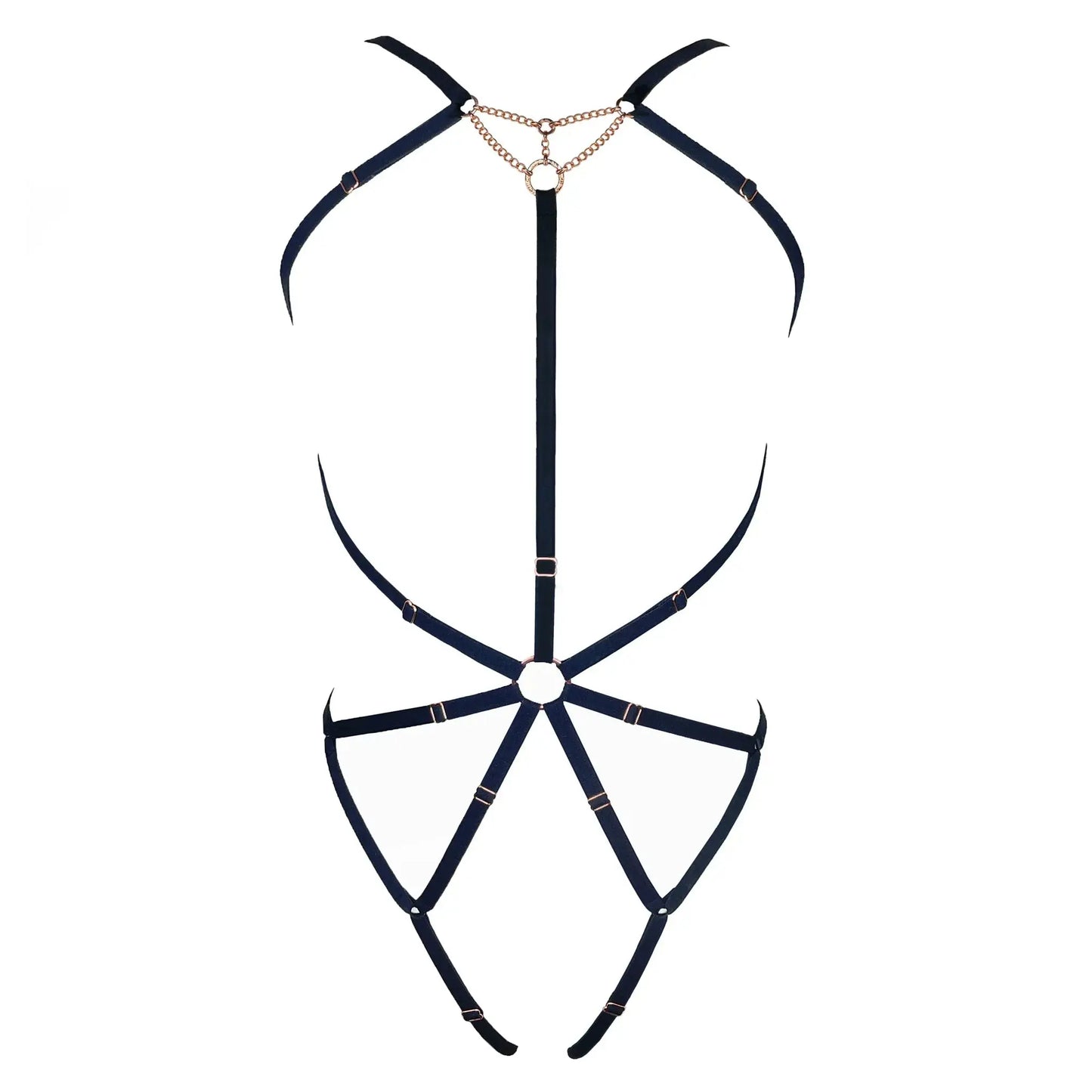 Black, soft-touch full torso, fully adjustable body harness with triangular chain accent at neck.