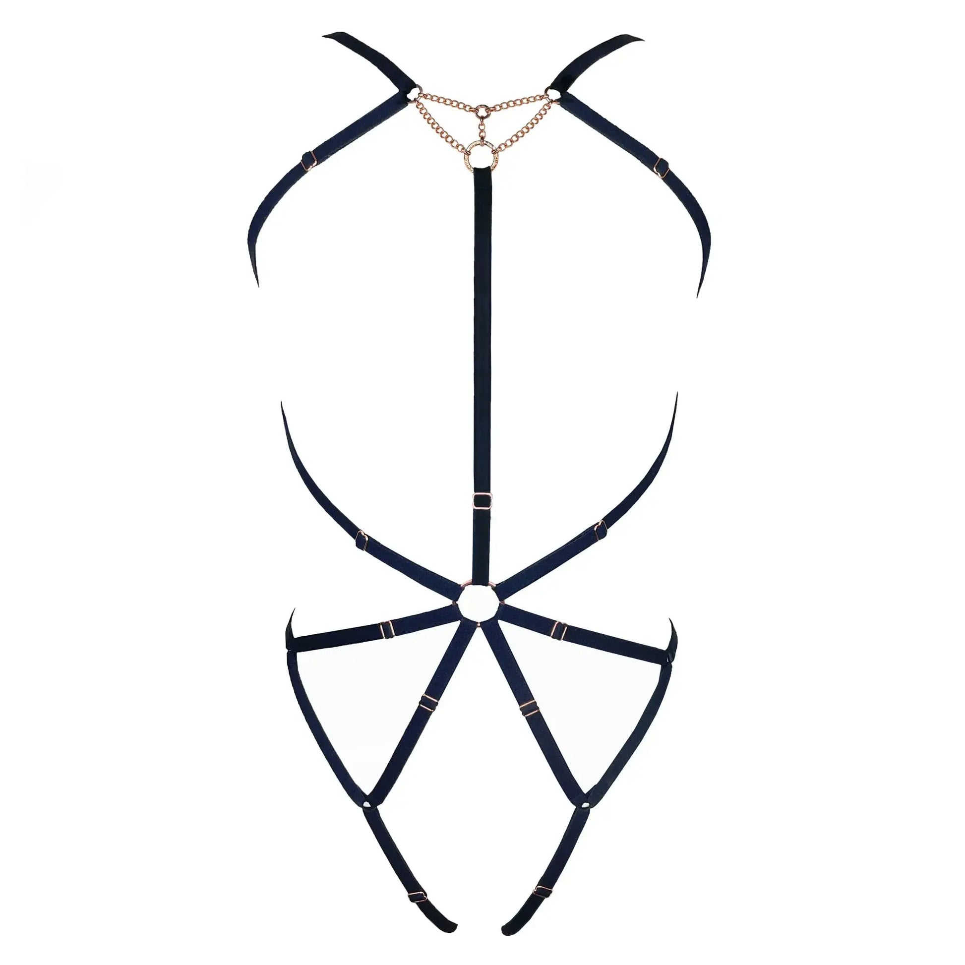 Black, soft-touch full torso, fully adjustable body harness with triangular chain accent at neck.