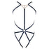Black, soft-touch full torso, fully adjustable body harness with triangular chain accent at neck.