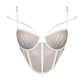 White rigid tulle underwire bustier with liquid shine effect embroidery, adjustable straps