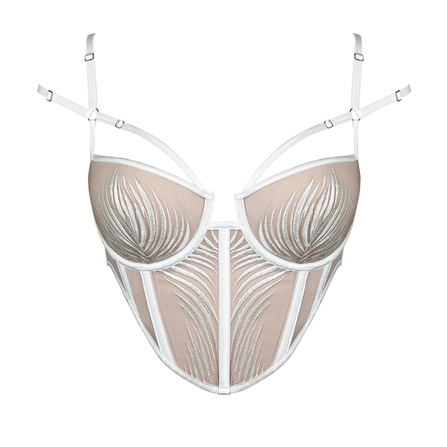 White rigid tulle underwire bustier with liquid shine effect embroidery, adjustable straps