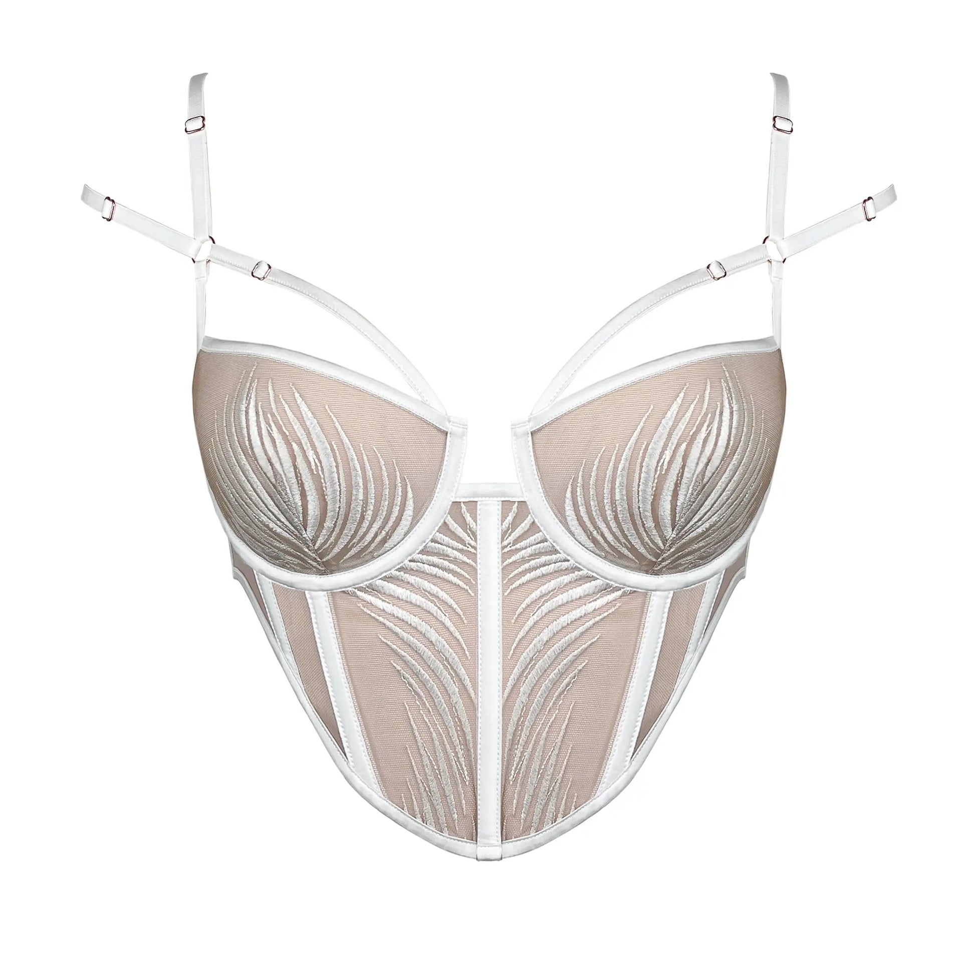 White rigid tulle underwire bustier with liquid shine effect embroidery, adjustable straps