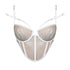 White rigid tulle underwire bustier with liquid shine effect embroidery, adjustable straps