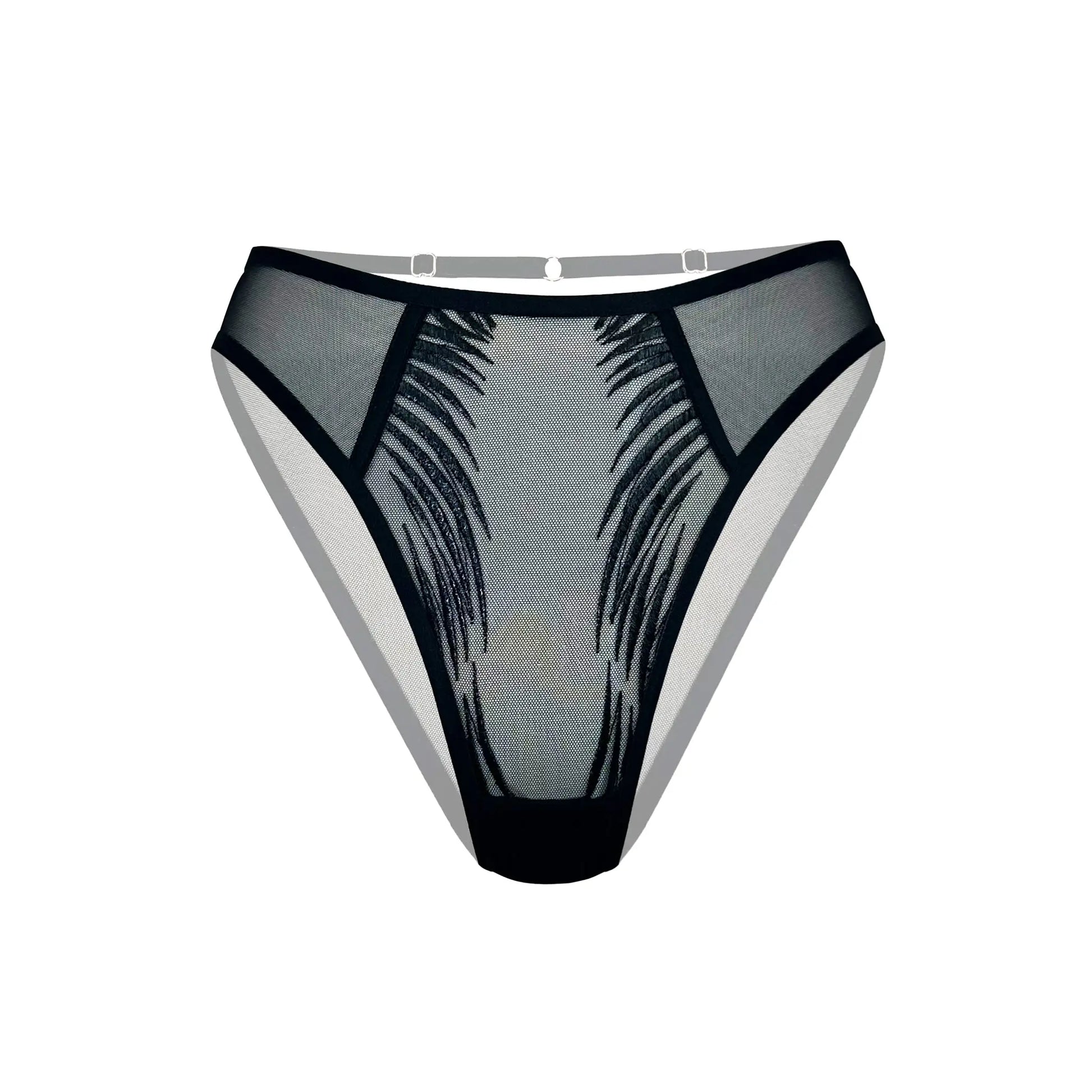 Black tulle cheeky panty with liquid shine effect embroidery, adjustable and detachable waist strap