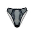 Black tulle cheeky panty with liquid shine effect embroidery, adjustable and detachable waist strap