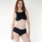 Black modal low rise hipster panty with no show waistband and black modal bra top with underwire and adjustable back closure