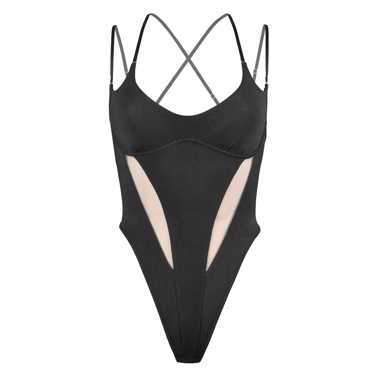 Black modal bodysuit with convertible neckline and straps