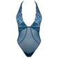 Blue deep plunge halter bodysuit with tulle embroidery and back closure