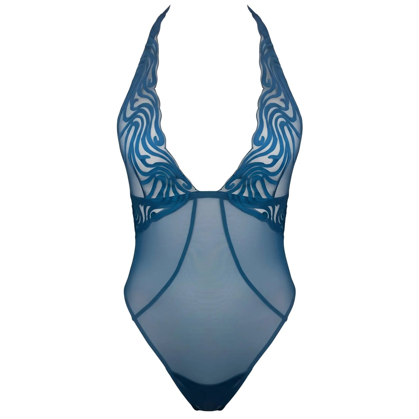 Blue deep plunge halter bodysuit with tulle embroidery and back closure
