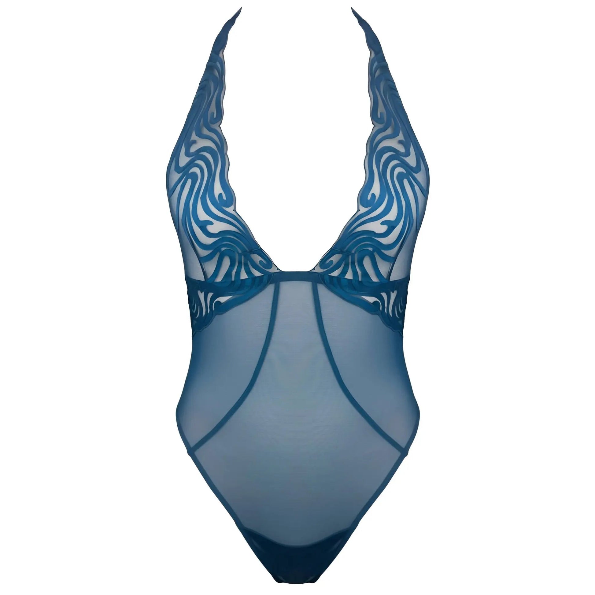 Blue deep plunge halter bodysuit with tulle embroidery and back closure