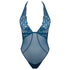 Blue deep plunge halter bodysuit with tulle embroidery and back closure