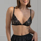 Black tulle embroidered triangle bralette, front closure and adjustable straps