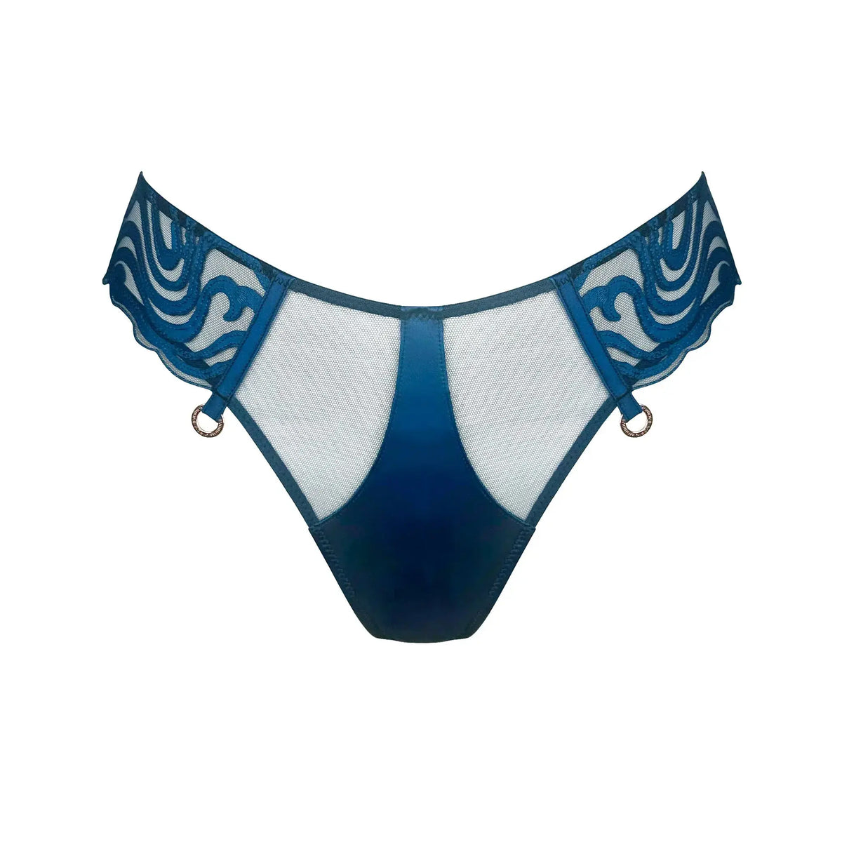 Blue tulle embroidered mid-rise cheeky panty with rose gold metal details