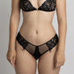 Black tulle embroidered mid-rise cheeky panty with rose gold metal details