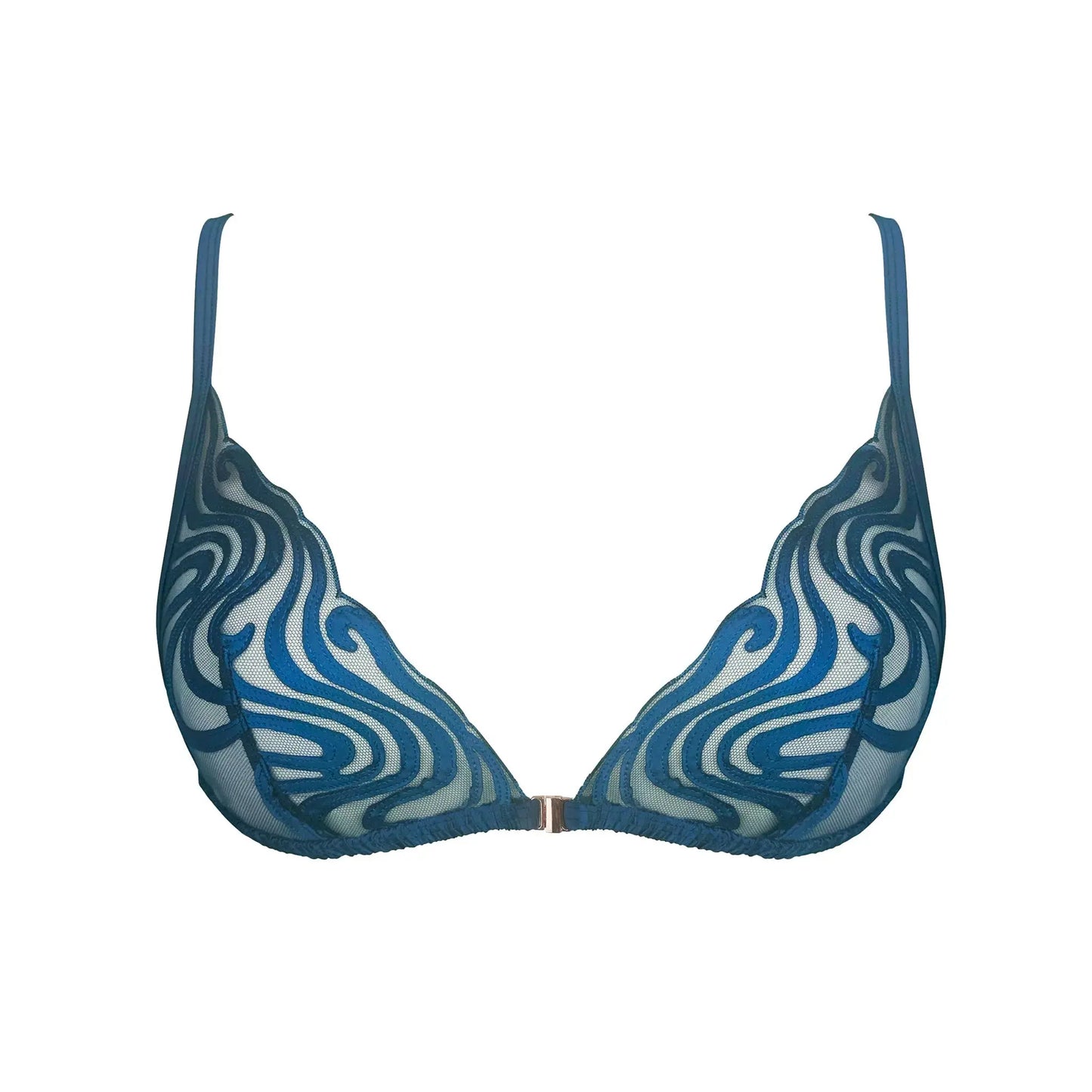 Blue tulle embroidered triangle bralette, front closure and adjustable straps