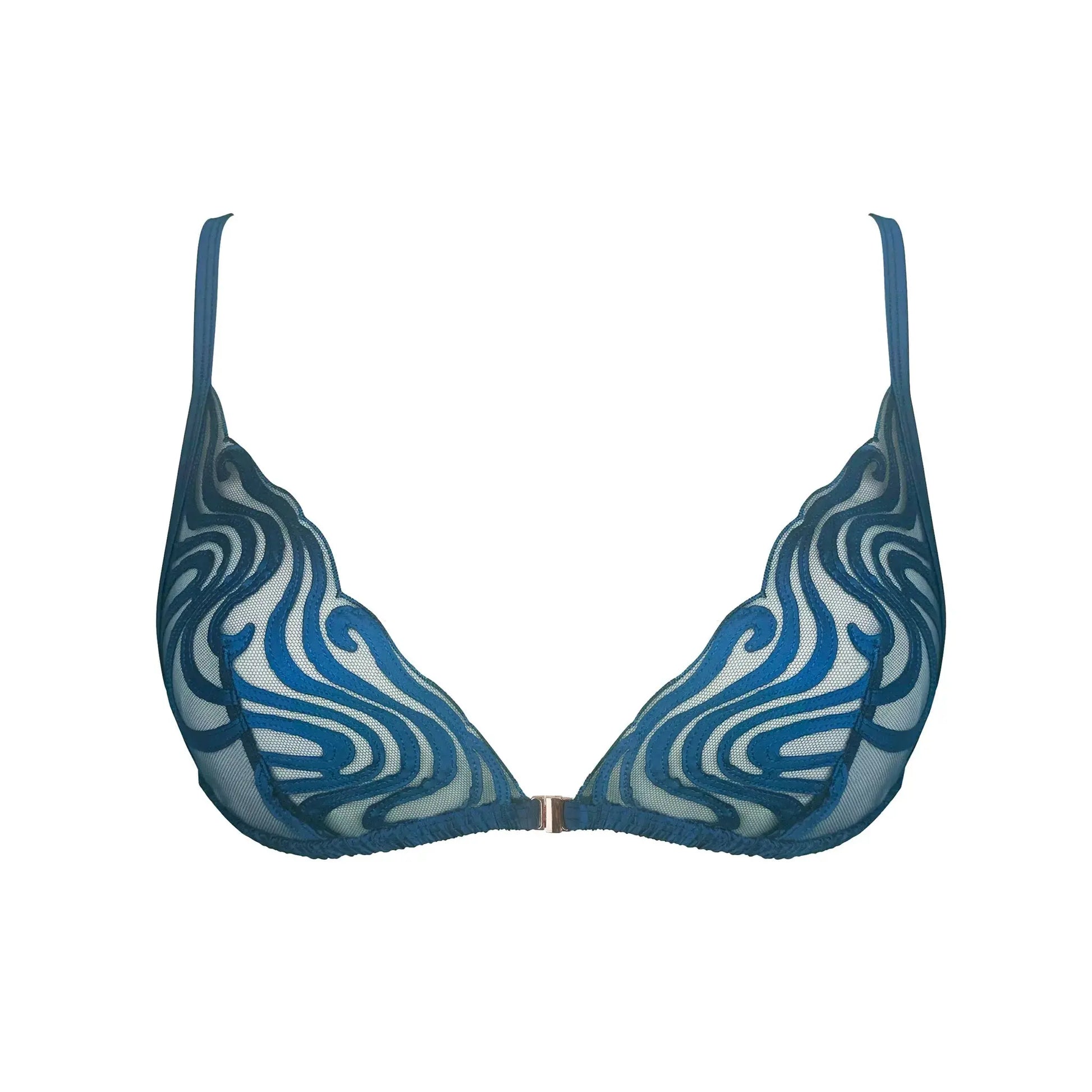 Blue tulle embroidered triangle bralette, front closure and adjustable straps